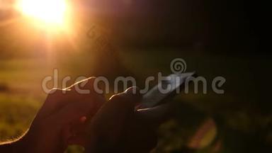 日落时分，一个男人手里拿着一部智能手机，太阳`金色的光线照进了公园。